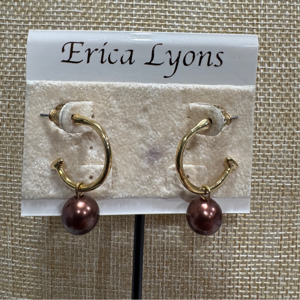 Erica Lyons Gold Hoop Earrings with 3/4 Hoop Design and Chocolate Faux Pearls